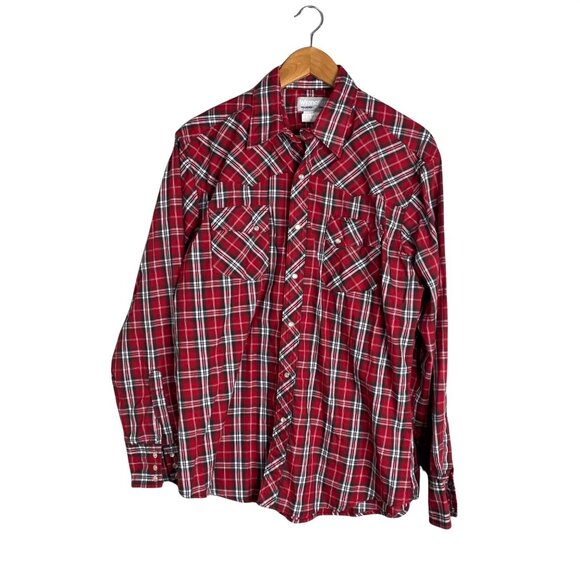 Wrangler Wrancher Long Sleeve Snap Front Shirt Collared Red Plaid Large - Picture 1 of 5